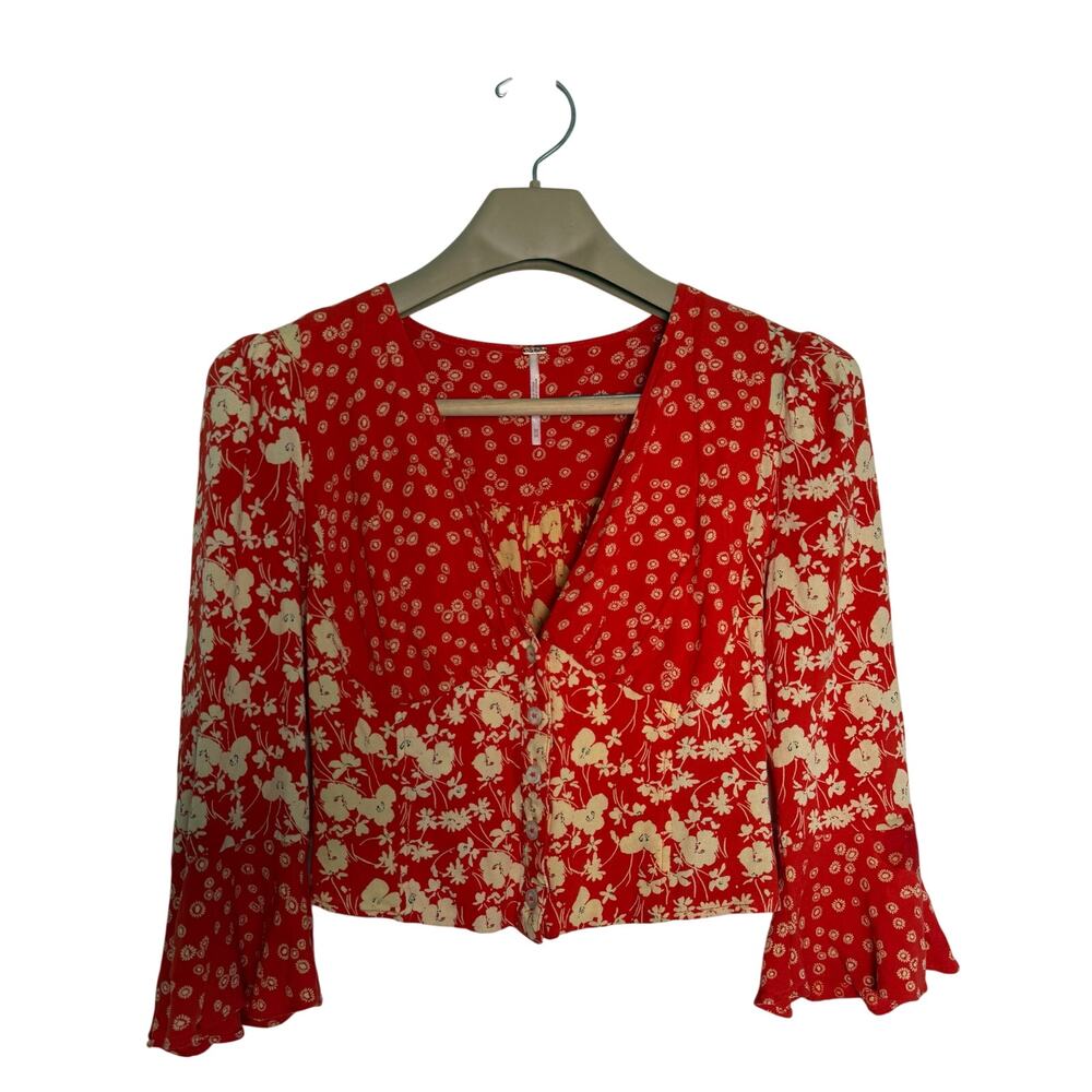 Free People Lady Bohemian Floral Button Front Top Red Size MEDIUM Cropped